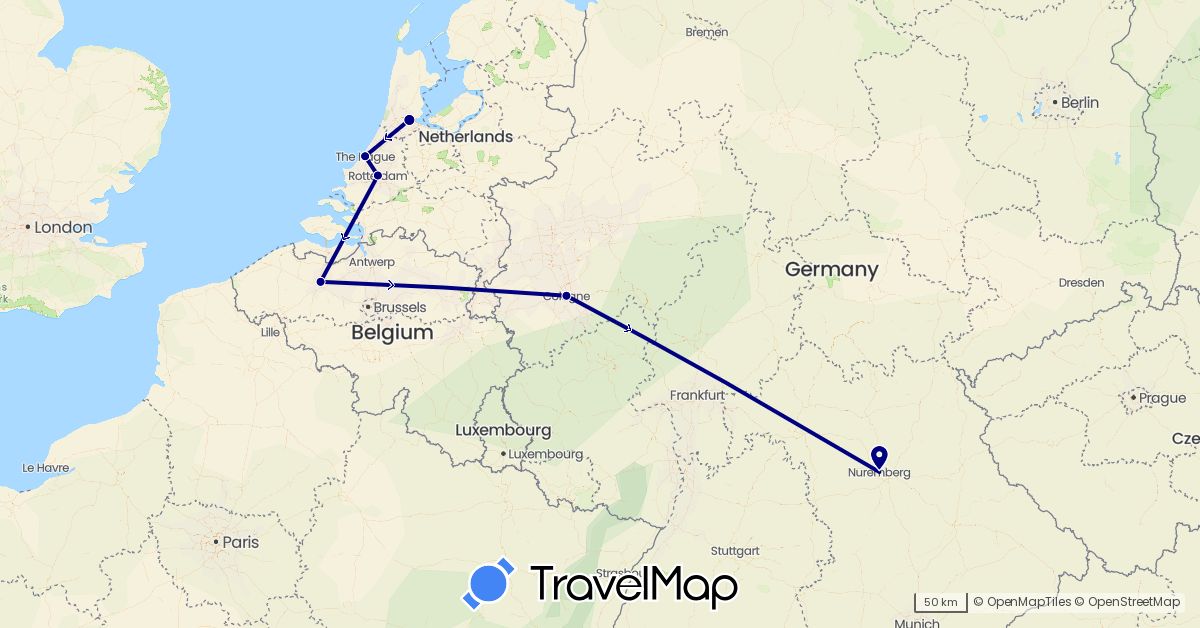 TravelMap itinerary: driving in Belgium, Germany, Netherlands (Europe)